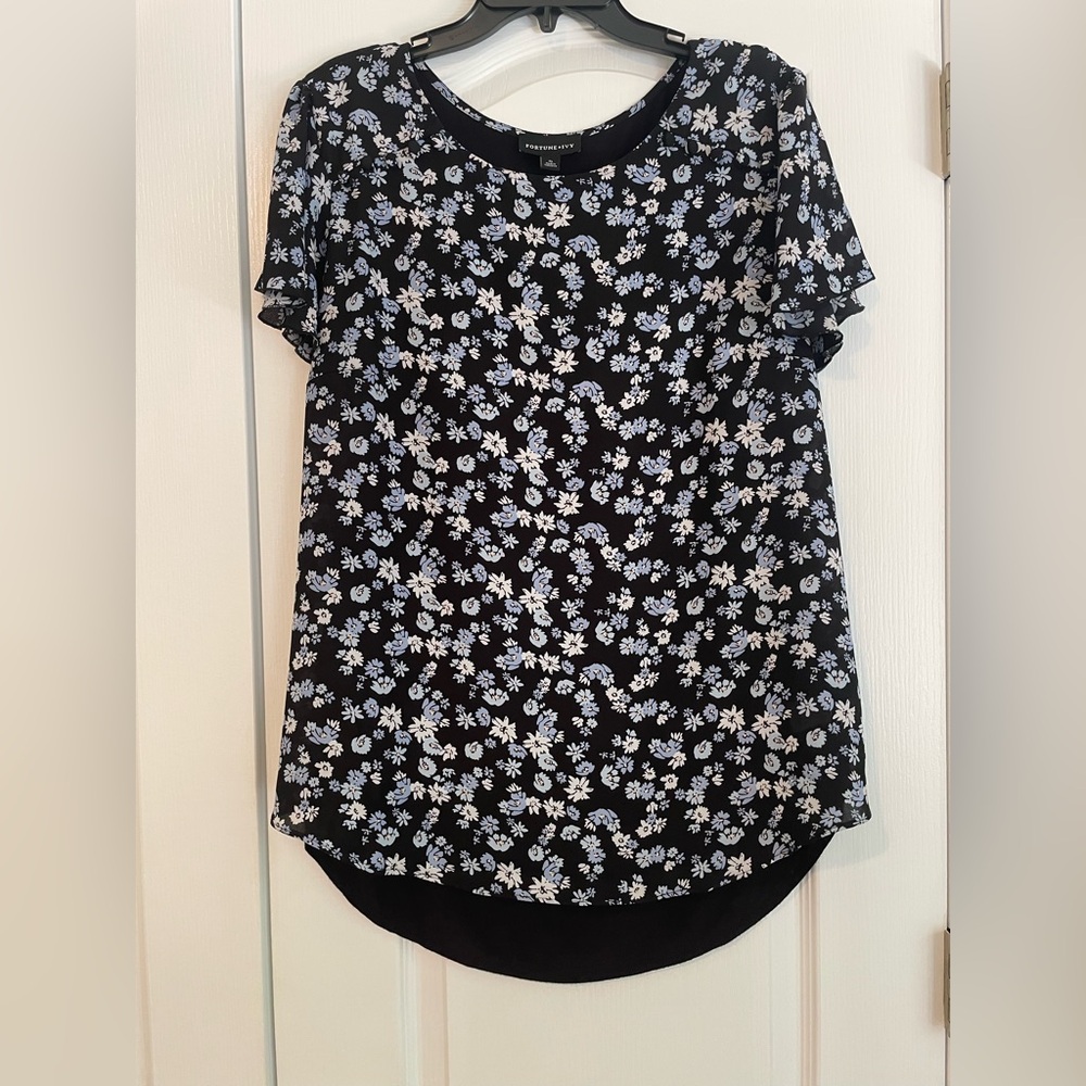 Chic Black with White and Blue Floral Blouse